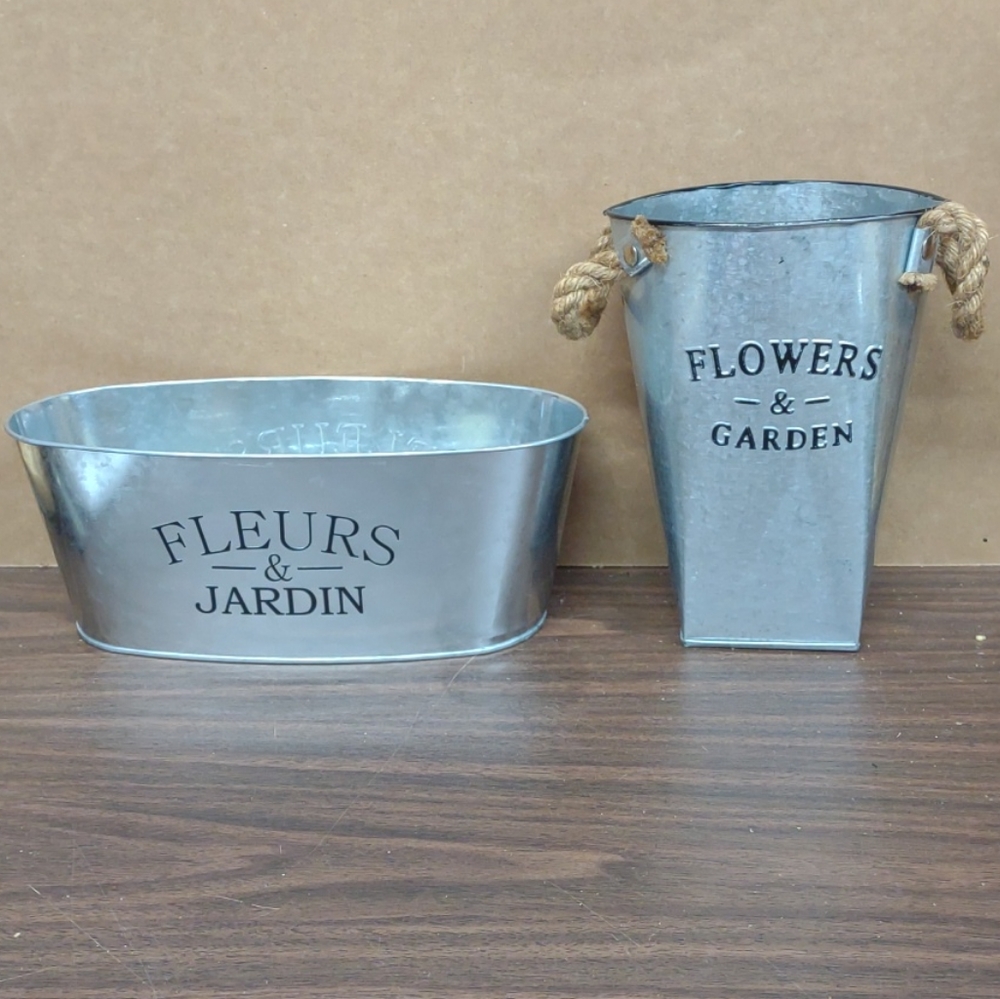 2 Lot Flowers & Garden/ Fleurs & Jardin Gray Galvanized Metal Buckets Rope 8/5"